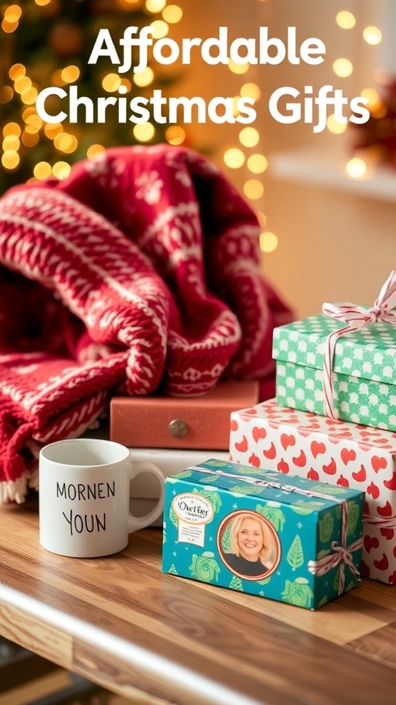 A collection of budget-friendly Christmas gifts including a blanket, mug, and gourmet snacks on a table with fairy lights.